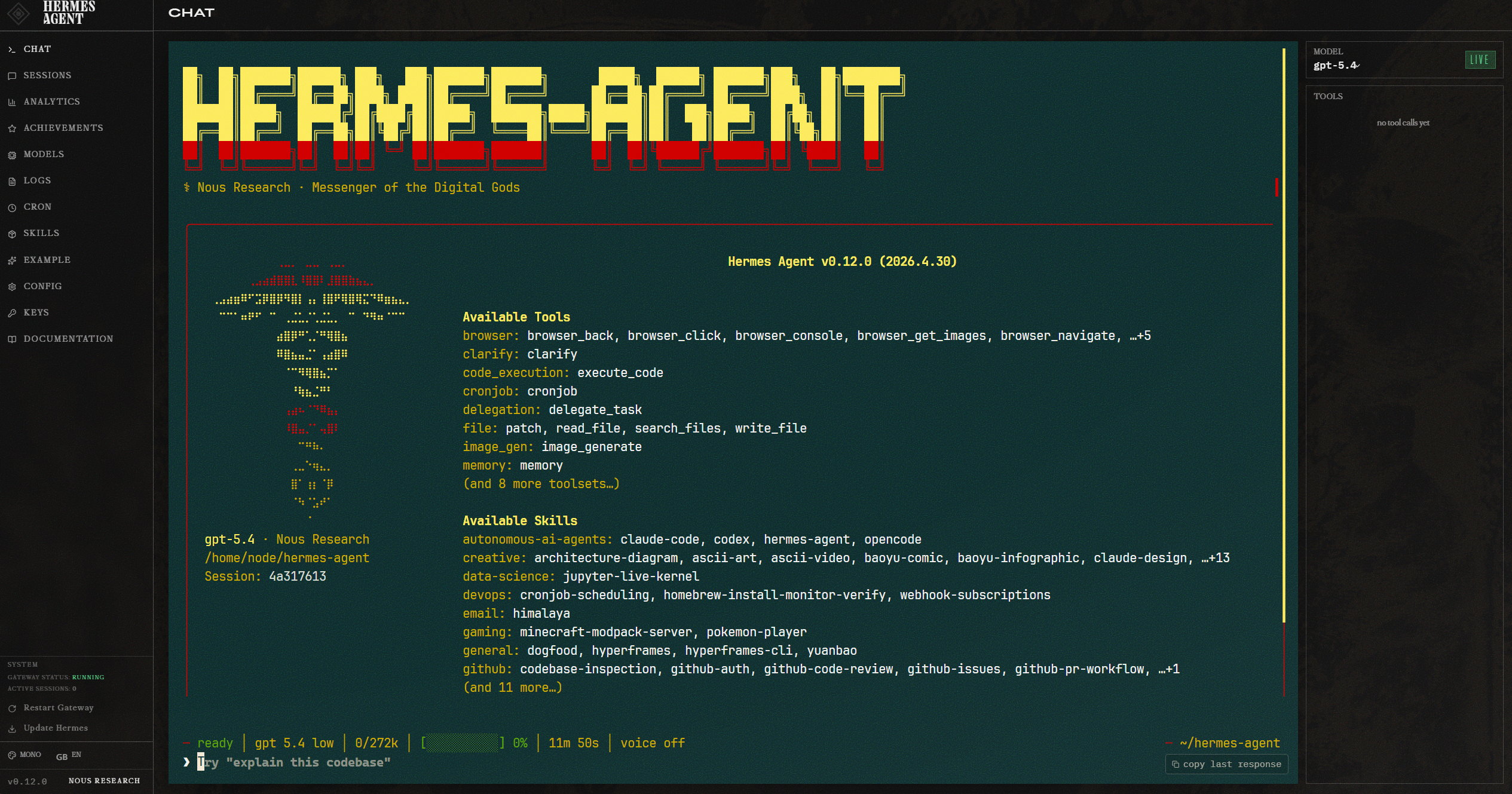 Hermes Agent web dashboard with the Chat tab active, showing the TUI embedded in the browser, sidebar menu, active model and tools panel.