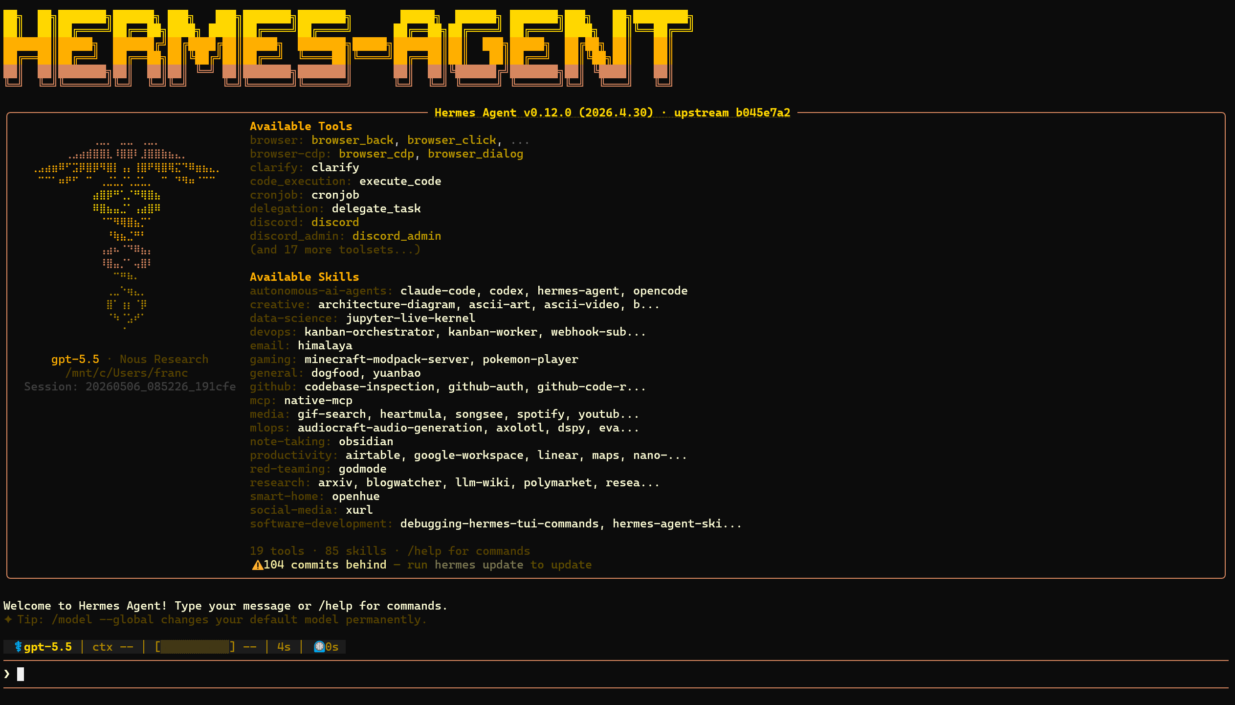 Hermes Agent TUI running inside Ubuntu/WSL, showing banner, tools, skills, active model and command prompt.