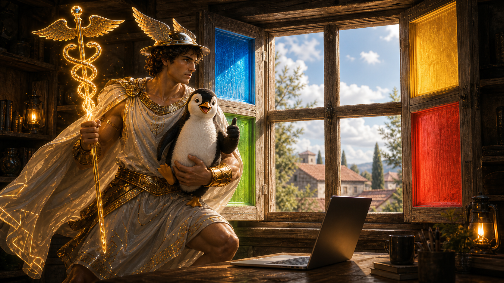Hermes inside a house in front of an open window with Windows colors, holding a penguin that represents Linux.