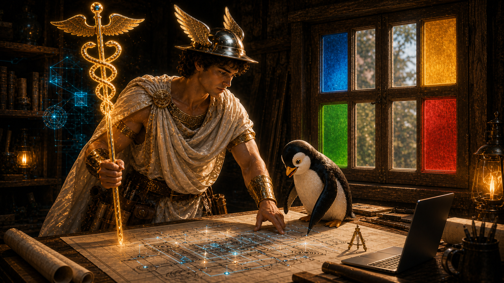 Hermes com capacete alado revisa uma planta de arquitetura de sistemas ao lado de um pinguim Linux, com uma janela colorida inspirada no Windows ao fundo.