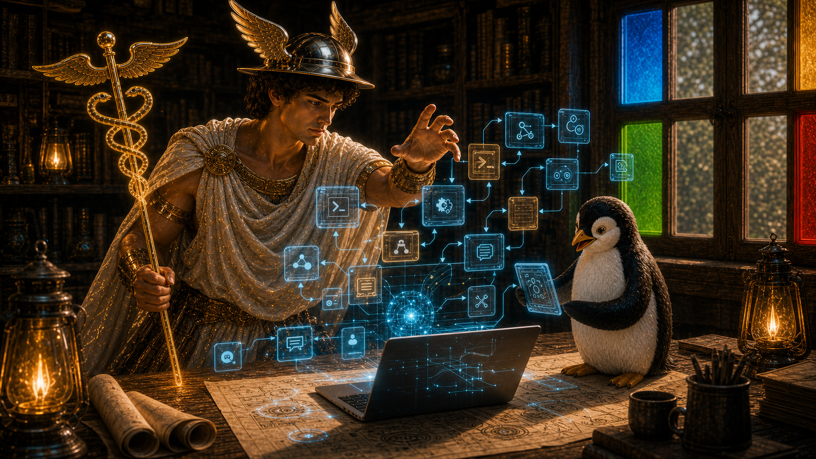 Hermes operating a holographic terminal interface coming out of a laptop, with connected modules for commands, tools, skills, and sessions beside a penguin.