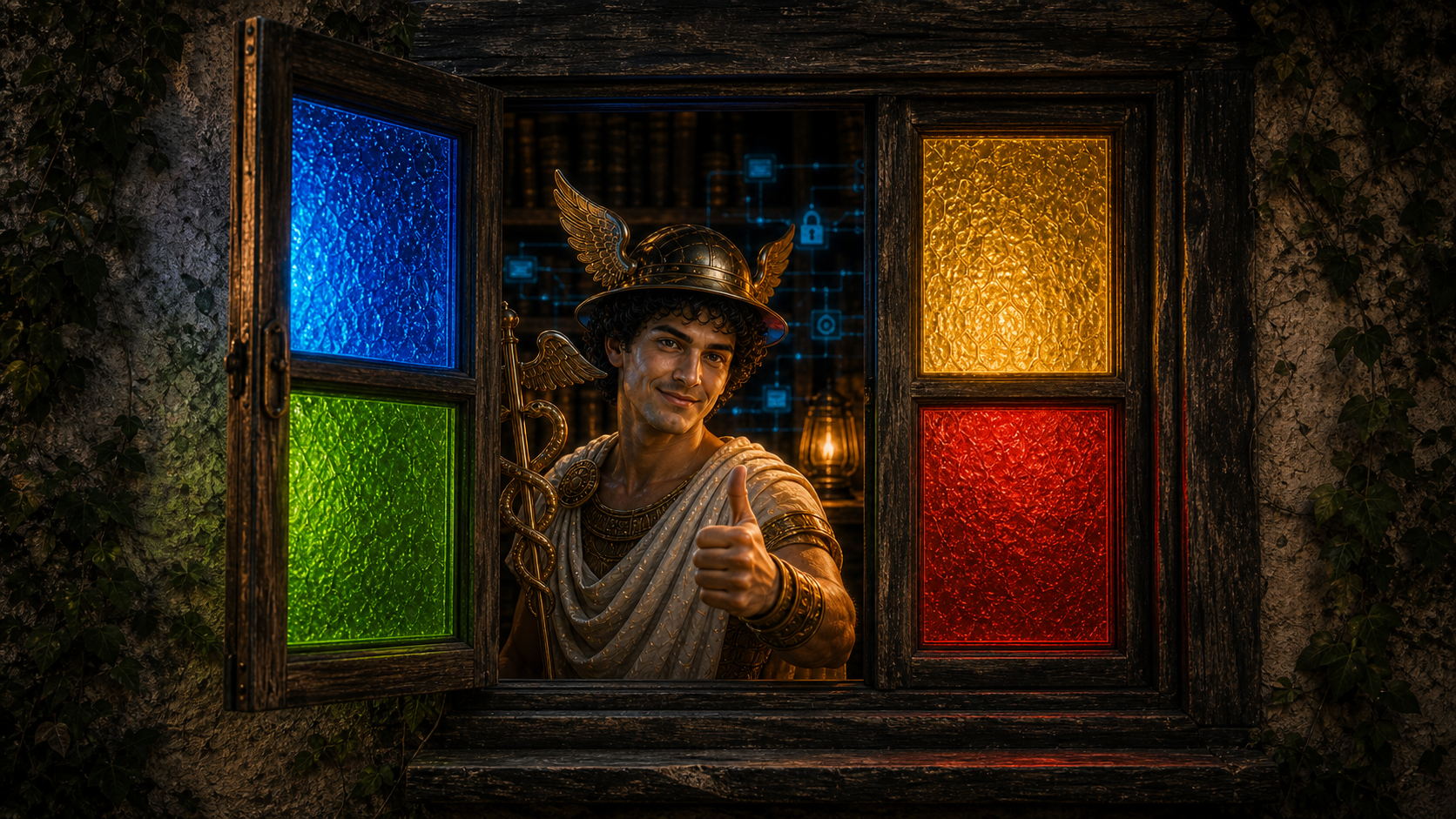 Hermes sorrindo e fazendo joinha dentro de uma janela inspirada nas cores do Windows.